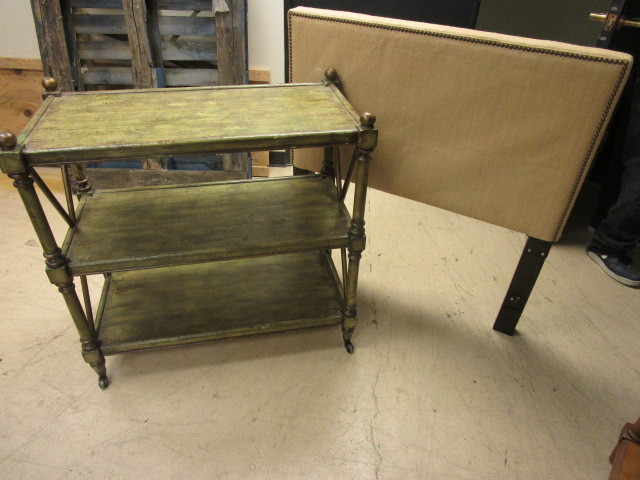 lot 302 image: THREE SHELF WOODEN CART ON WHEELS AND WEST ELM-BRAND HEADBOARD