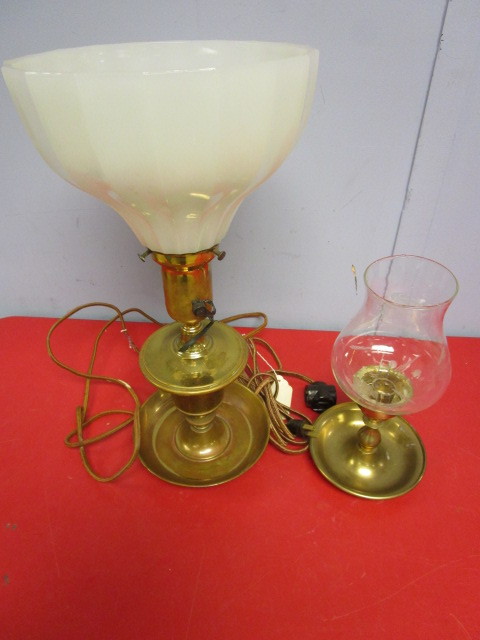 lot 311 image: BRASS ELECTRIC LAMP AND BRASS CANDLE HOLDER