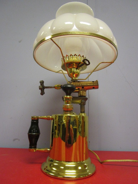 lot 313 image: BRASS ELECTRIC LAMP MADE FROM AN ANTIQUE BLOWTORCH