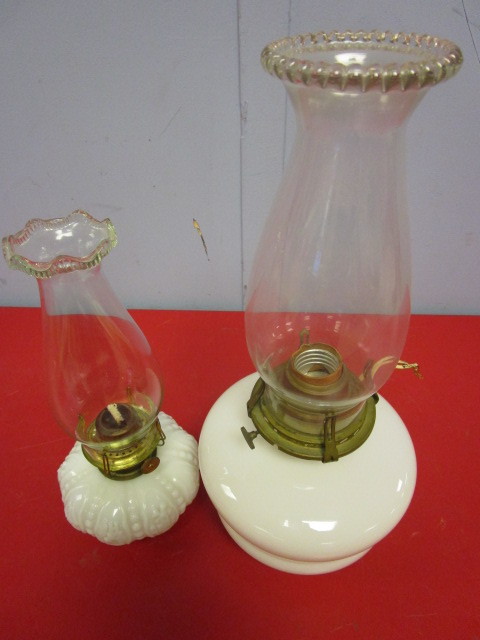 lot 322 image: VINTAGE OIL LAMPS, ONE CONVERTED TO ELECTRIC