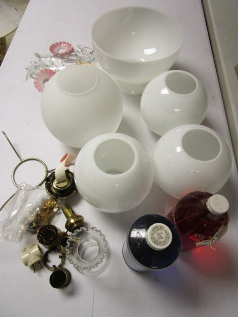 lot 326 image: GLASS LAMP GLOBES, AND ASSORTED OIL LAMP PARTS, LAMP OIL