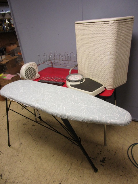 lot 340 image: SECA BATHROOM SCALE, CLOTHES HAMPER, PELONIS SPACE HEATER, RACKS, IRONING BOARD