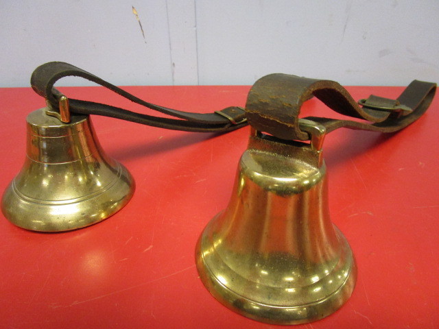 lot 357 image: VINTAGE SOLID BRASS BELLS WITH LEATHER BELTS