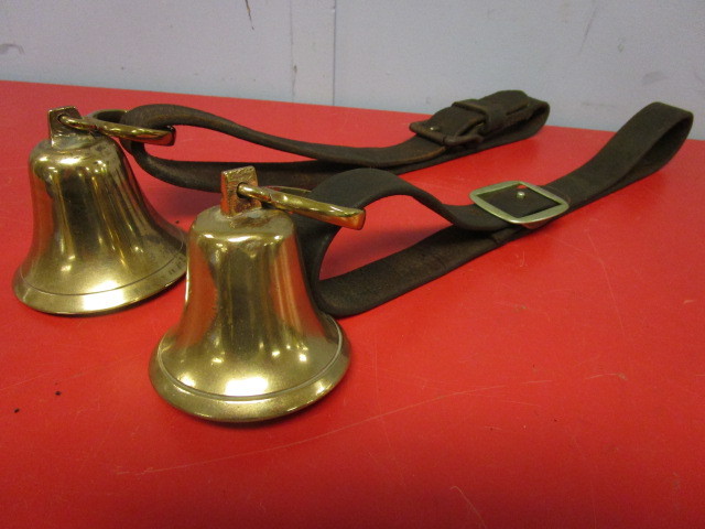 lot 360 image: VINTAGE SOLID BRASS BELLS WITH LEATHER BELTS