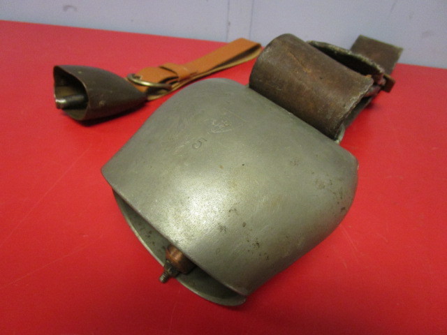 lot 361 image: VINTAGE SOLID BRASS COW BELLS WITH LEATHER BELTS