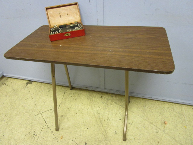 lot 365 image: OFFICE SIDE TABLE WITH VINTAGE BOX OF DOMINOES