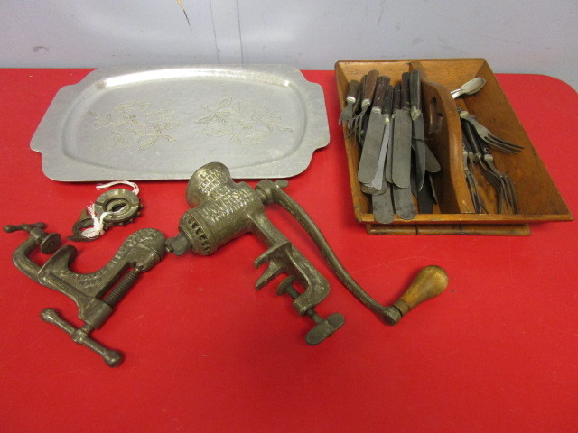 lot 392 image: VINTAGE NO.1 UNIVERSAL FOOD CHOPPER, PERFECTION NUTCRACKER, WROUGHT FARBERWARE TRAY, SILVERWARE