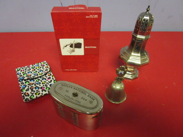 lot 397 image: VINTAGE HARLAN NATIONAL BANK, IOWA COIN COLLECTOR, E.P.N.S. ENGLAND SUGAR CASTER, BRAND NEW TARGET MULTI-TOOL, DISNEYLAND BELL