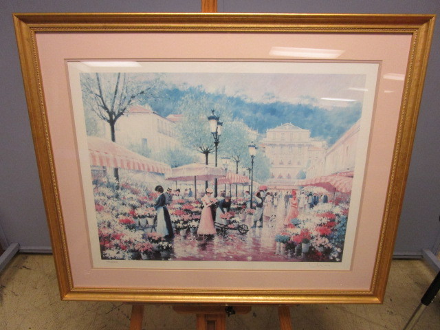lot 421 image: FLOWER MARKET PAINTING PRINT, SIGNED AND NUMBERED, FRAMED