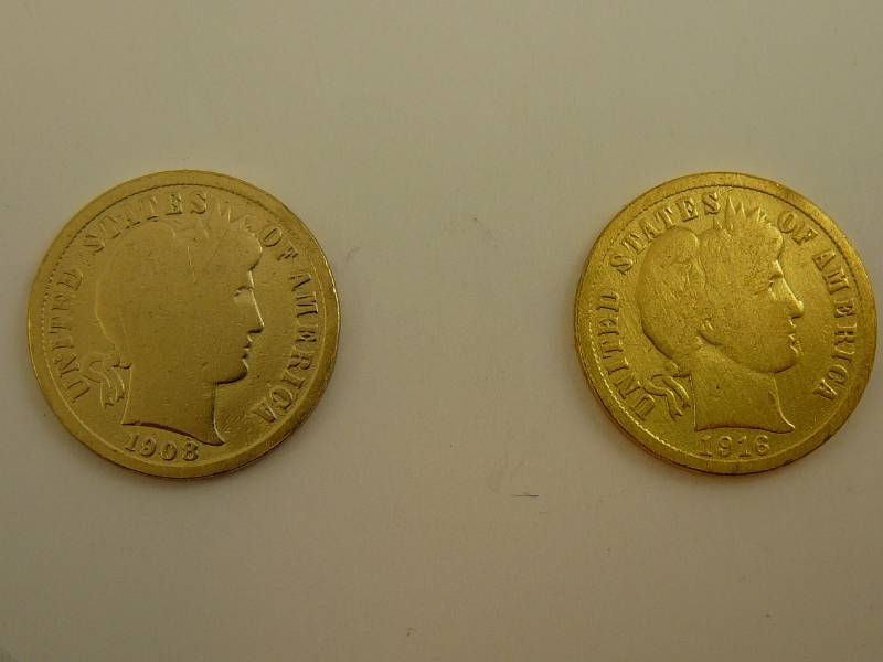 lot 127 image: 1908 Barber Dime 1916 Barber Dime Gold coated luster