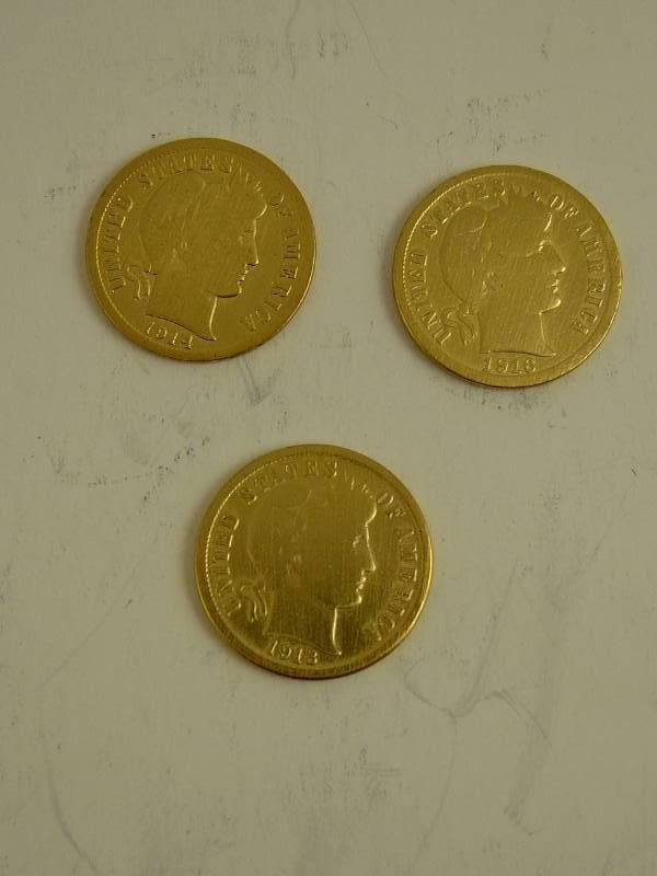 lot 129 image: 1914, 1916, 1913 Barber Dime  Gold coated luster