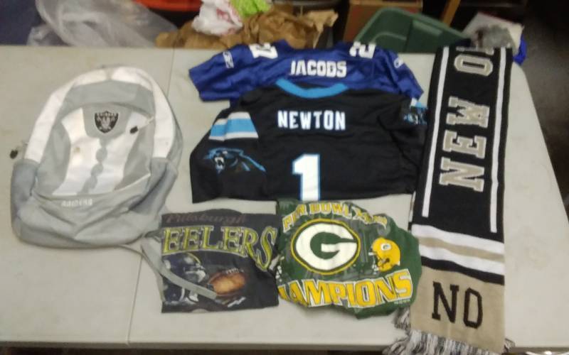 lot 7 image: Lot Of Assorted Team Football Apparel & Raiders Back Pack