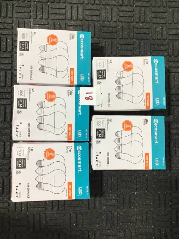 lot 18 image: EcoSmart 60-Watt Equivalent A19 Non-Dimmable LED Light Bulb Soft White (Lot of 5 packages w 4 bulbs per package)