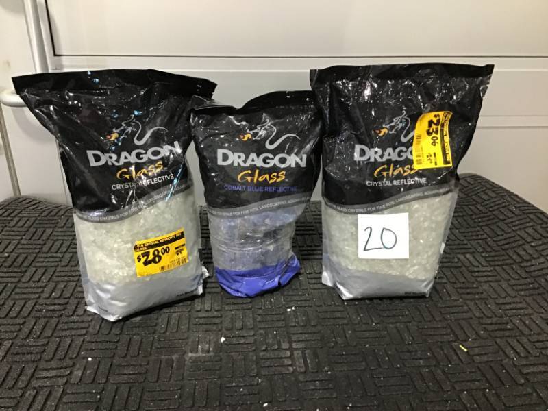 lot 20 image: DRAGON GLASS Reflective Fire PitAquarium Glass- Lot of 3 bags, 2 crystal and 1 cobalt blue in original 10lb bags