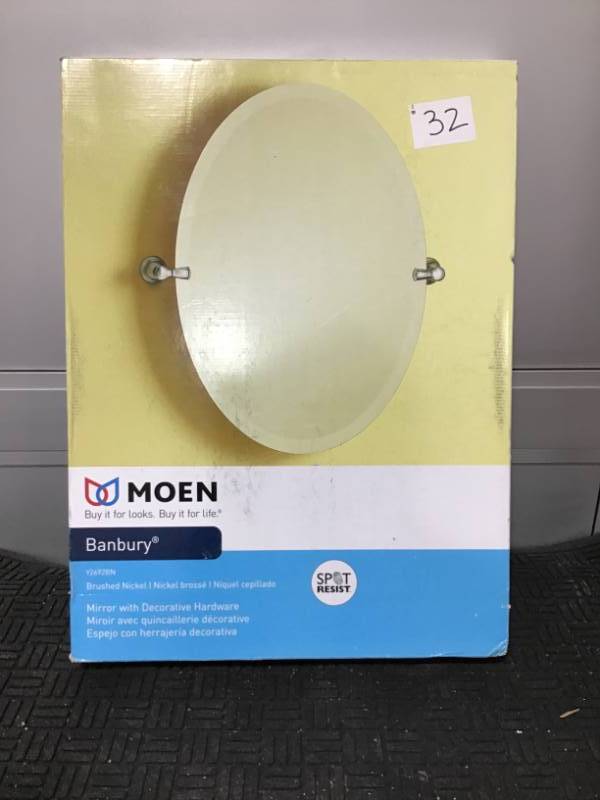 lot 32 image: MOEN Banbury 26 in. x 23 in. Frameless Pivoting Wall Mirror in Brushed Nickel