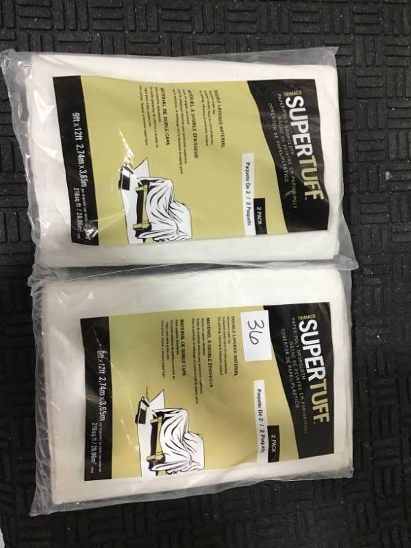 lot 36 image: Trimaco SuperTuff 9 ft. x 12 ft. PaperPoly Drop Cloths (Lot of 2 packages with 2 cloths per pack)