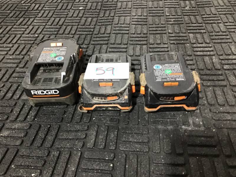 lot 59 image: Lot of 3 Ridgid Batteries Two 2Ah and one 3Ah USED batteries.