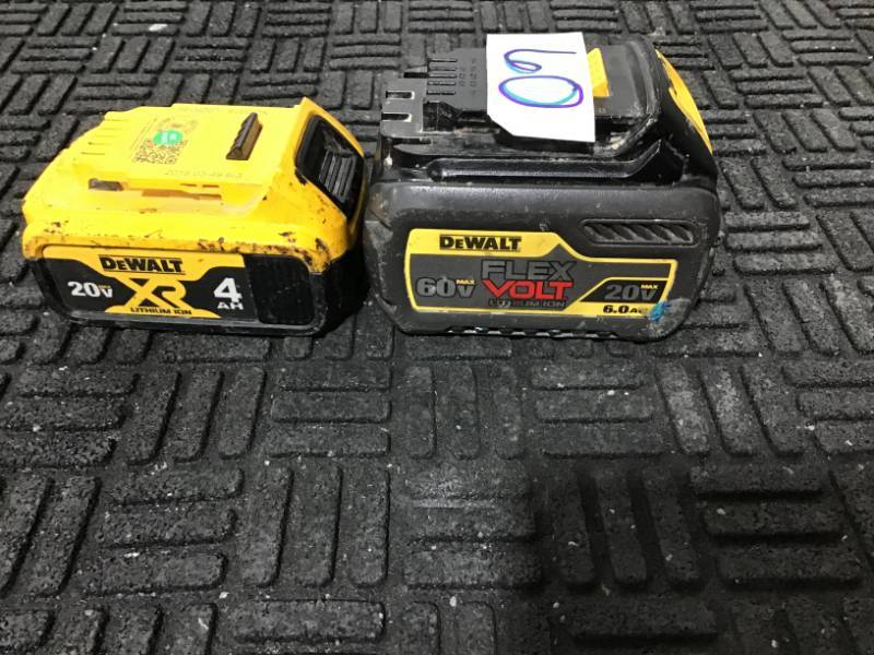 lot 60 image: Lot of 2 DeWalt Batteries One 60V Flex, 6.0Ah & One 20V, 4Ah batteries. USED.