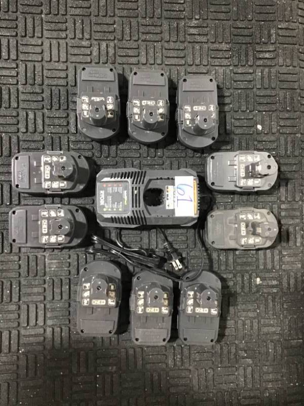 lot 61 image: Lot of 10 Ryobi Batteries Model P102, 1.3Ah with Ryobi Charger.