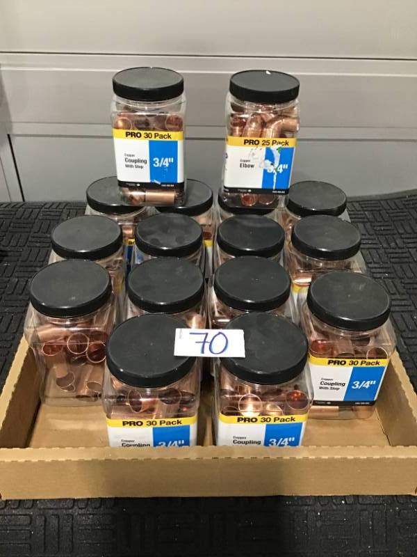 lot 70 image: Everbilt Lot of 11 packs of Copper Coupling 34 & one 34 elbow pack. (Lot of 12 packages total)