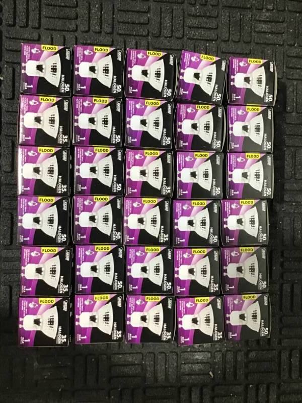 lot 72 image: Feit Electric 50-Watt Halogen MR16 Bulb- Box of 30 bulbs NEW
