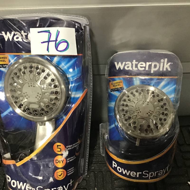 lot 76 image: Waterpik Vardon 5-Spray 3.75 in. Handheld Shower in Brushed Nickel, Lot of 3 Showerheads- Open Box