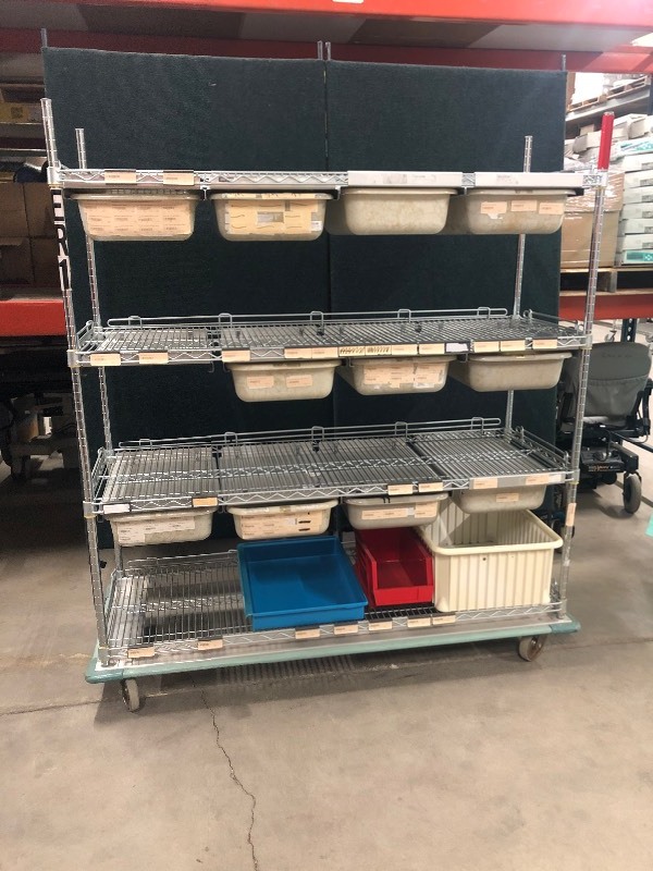 lot 3 image: Heavy Duty Stainless Steel Metro NSF Approved Four Tier Shelf Mobile Cart With Sliding Drawer Tubs & Bumper Guard Base