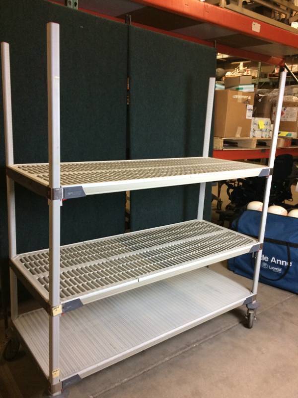 lot 9 image: MSRP $1200&nbspMETRO METROMAX i Shelf Trucks with Microban Finish&nbspInclude 3 Open-grid Removable Shelf Mats That Lift Off For Easy Cleaning & Four 5 Polyurethane Swivel Casters 2 with brake. NSF certified&nbsp24X60X68 No Top Shelf