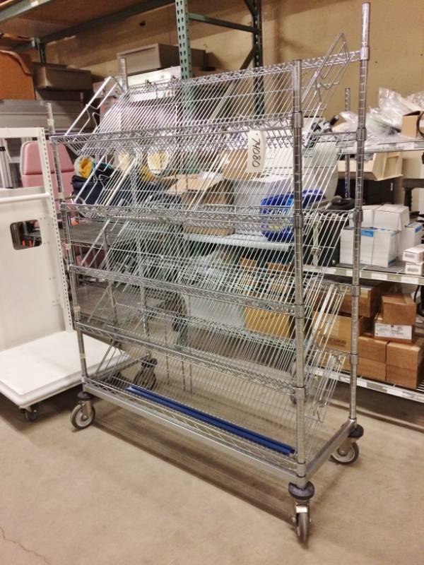 lot 14 image: MSRP $600 Mobile Heavy Duty Slanted Chrome Wire Storage Shelving Truck - Many Uses For This Multi Purpose Mobile Cart - First Pictures Are Stock Photos - Excellent Condition 