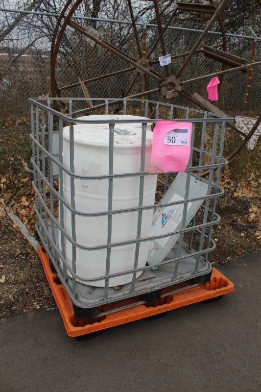 lot 50 image: Lot of (4) Poly Containers, Metal Sided Pallet Cage, Rolling Poly Pallet