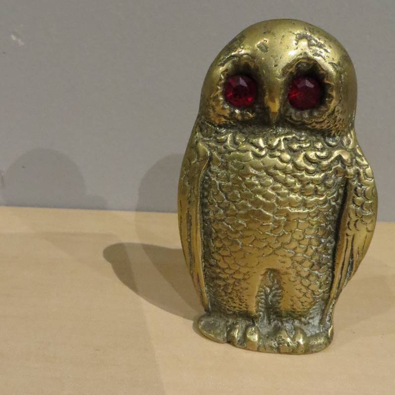 lot 17 image: Brass Owl Toothpick Holder with Jewel Eyes