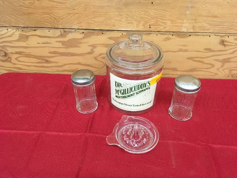 lot 248 image: Dr. McGillicuddys Jar, Juicer, Condiment Shakers