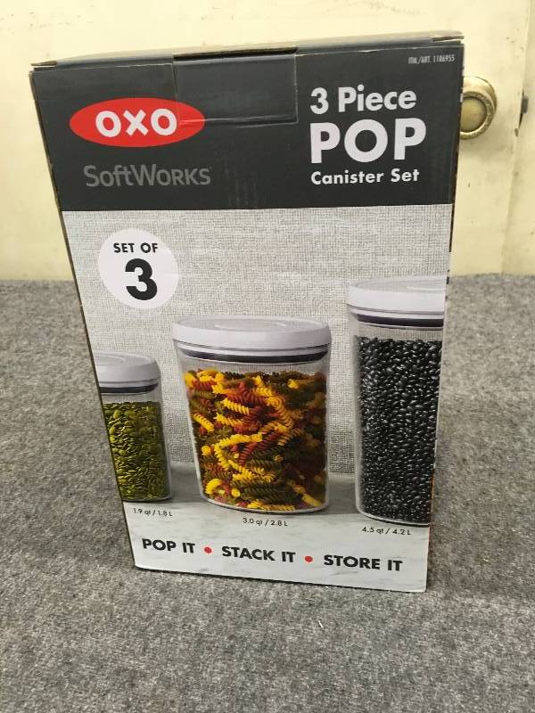 lot 528 image: Oxo Softworks 3 Piece Pop Canister Set, Retail $19.99