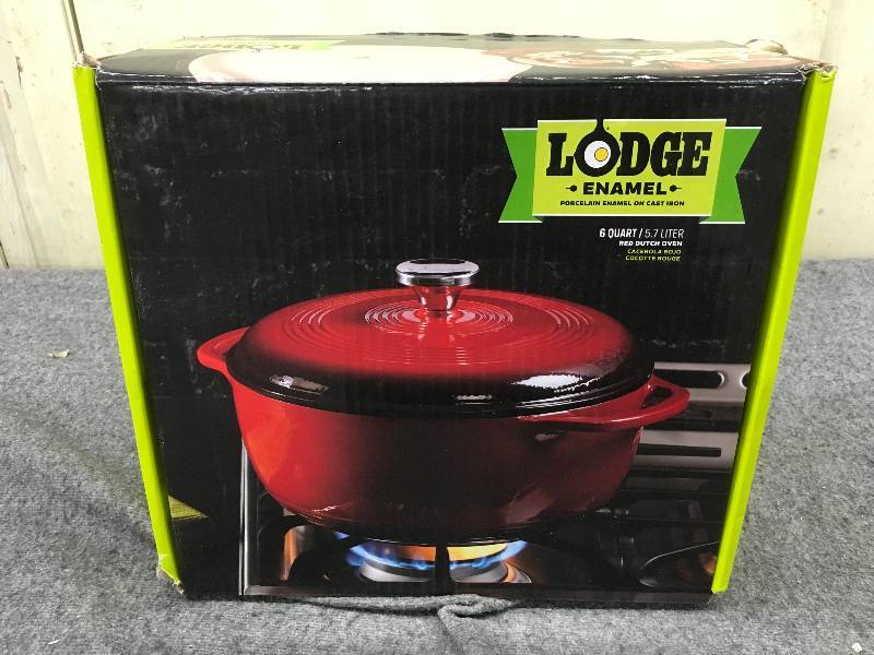lot 560 image: Lodge 6 Quart Red Dutch Oven, Retail $49.99