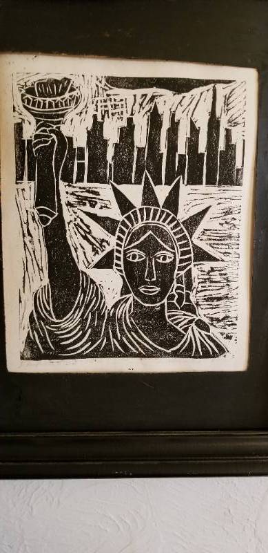 lot 33 image: Linoleum Cut Statue of Liberty Print Signed 2100