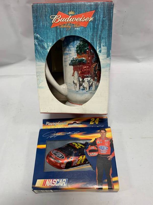 lot 71 image: Budweiser Holiday Stein & Collector Cards in Tin