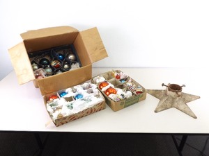lot 10 image: Lot of Vintage Christmas Ornaments and Antique Iron Tree Base