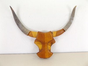 lot 26 image: Wood Longhorn Sculpture with Real Horn Attachments
