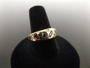 lot 51 image: 18k Yellow Gold Diamond, Ruby, Sapphire, and Emerald Ring Size 9