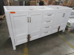 lot 249 image: Scott Living Durham 72-in White Oak Double Sink Bathroom Vanity Cabinet 1328VA-72-241-906 - Missing Top, Crack on Bottom Trim (See Photo).