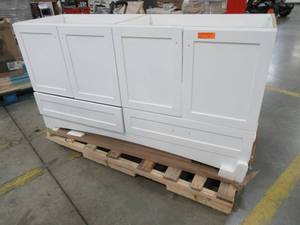 lot 250 image: Glacier Bay Lancaster 60 14 X 18 12 X 32 Tall Vanity Cabinet in White LC60P2COM-WH - Missing Top, Crack on Front Bottom RH Side ( See Photo)