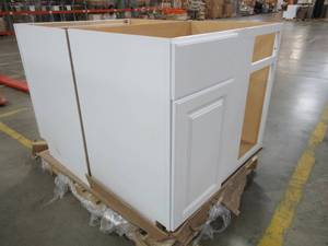 lot 480 image: 2 Kitchen Base Cabinets in White 36 X 25 X 34 12 Tall - Missing Parts - See Photo.