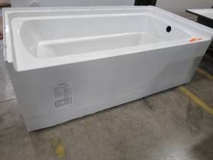 lot 494 image: Sterling Deep Soaking Tub RH Drain Made of Vikrell in White 60 X 30 X 18 Tall. - Small Crack in Bottom LH Front Corner - See Photos.