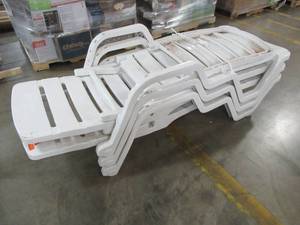 lot 422 image: 3 Adams Mfg Corp Stackable White Resin Chaise Lounge Chair with Slat Seat 8010-48-3700
