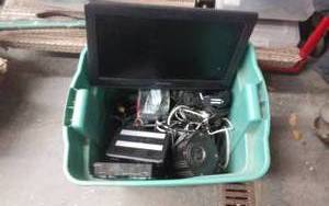 lot 33 image: Sansui 18 TV With Wall Mount & Large Assortment Of Electronics, Cord & Related
