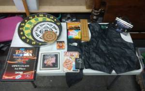 lot 11 image: Leather Vest Size 44, Man Cave Decor-Dart Board, Cribbage, Misc.