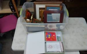 lot 19 image: Tub Of Decor, Pictures, Frames, Tray, Clock, Misc. Box Of All Occasion Greeting Cards