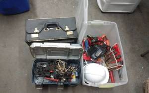 lot 23 image: Tool Box & Tote With Hand Tools, Hard Hat Soldering Irons & More