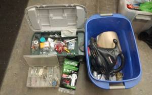 lot 24 image: Tool Box & Tote With Assorted Hardware & Some Tools