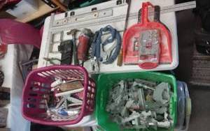 lot 25 image: 4 Ft. T-Square, Levels, Angle Grinders, Hand Tools, Tote Bin Full Of Joist Hangers